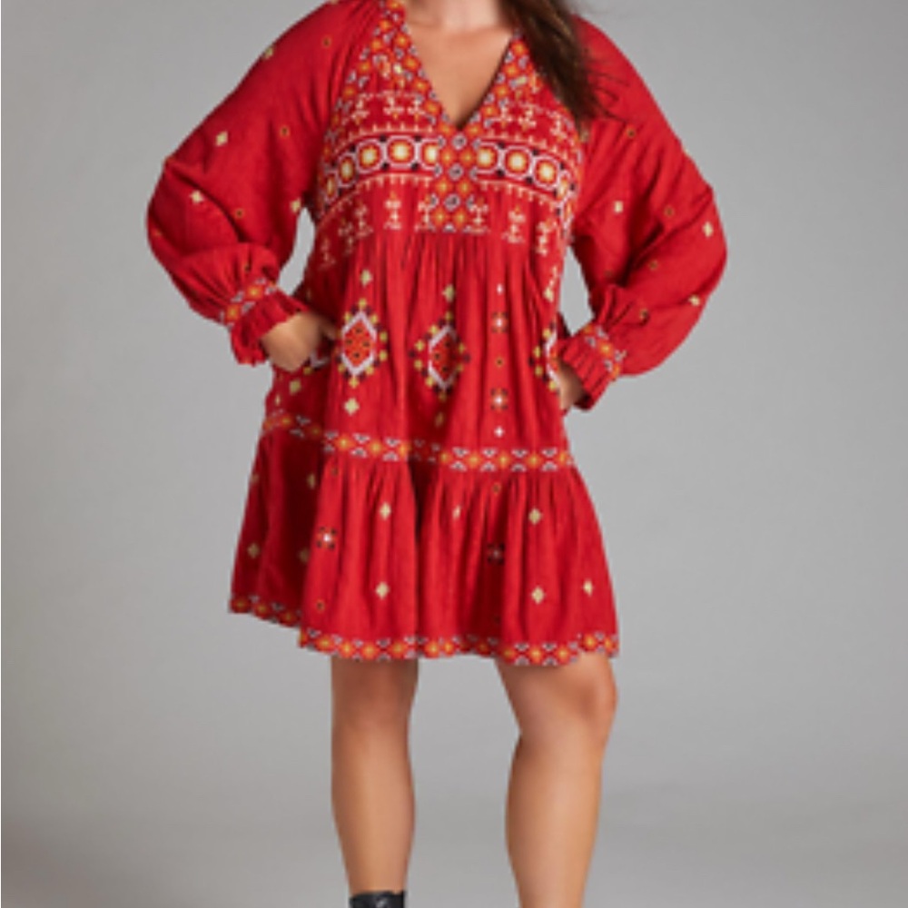 Anthropologie Niamh Embroidered Red Tunic